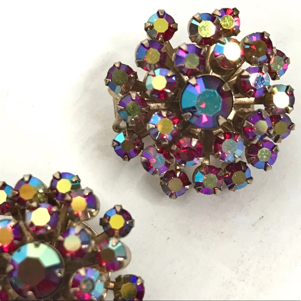 WEISS Vintage Rhinestone Ear Clips Red Designer